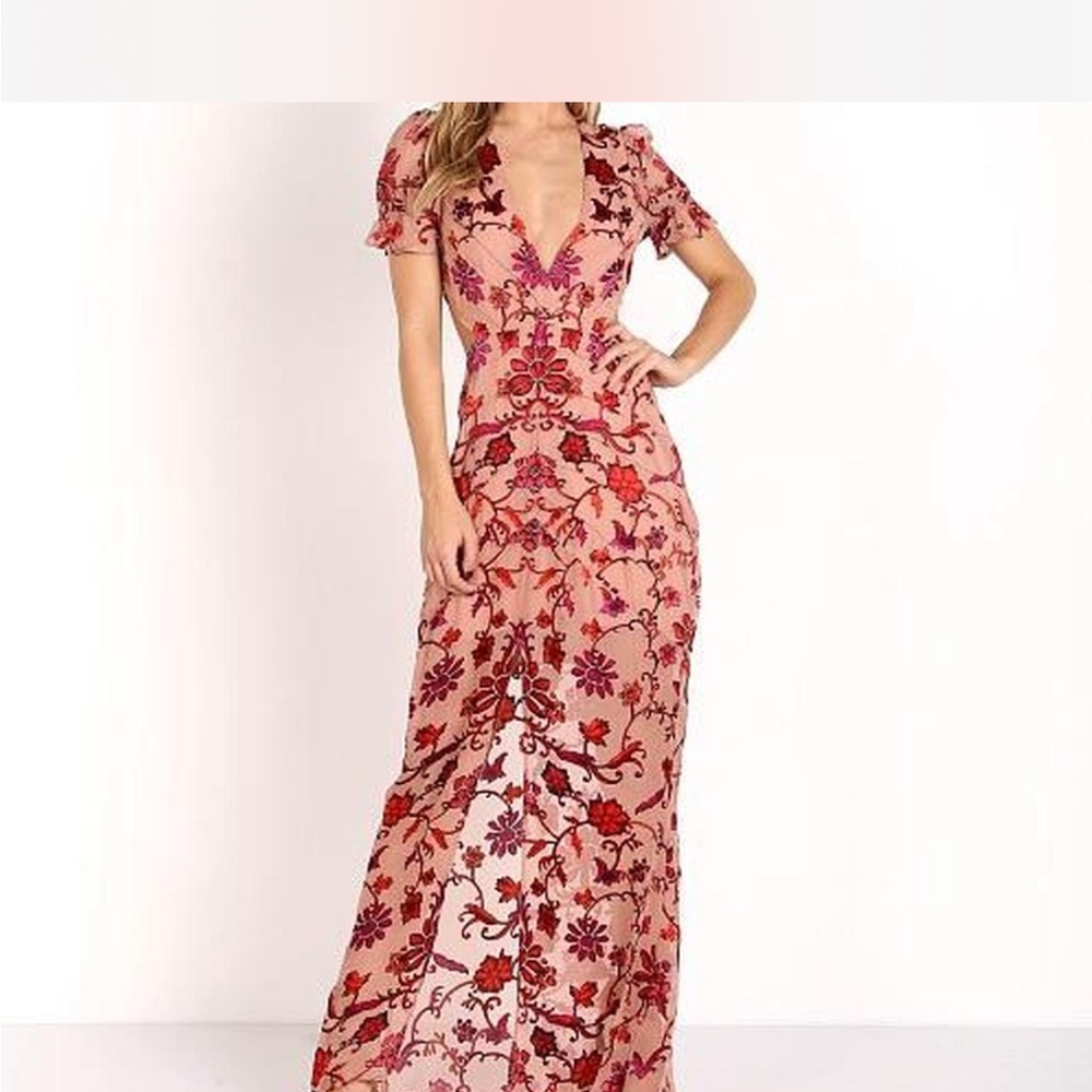 For Love And Lemons Pink and Red Floral XS Maxi Dress Cut Slit